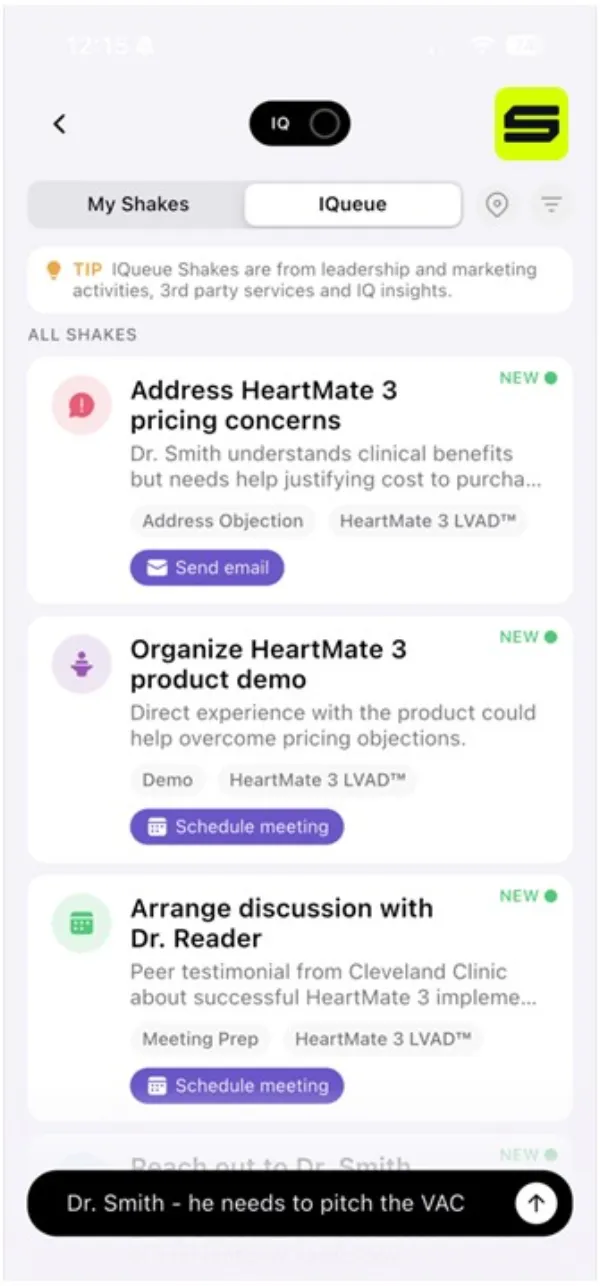 ShakeIQ Frontline IQueue on a mobile phone showing today's queued actions