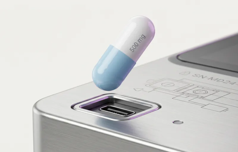 Pharma-shape tool vs MedTech reality – an oversized pharmaceutical capsule hovering above a USB-C-style port on a sleek medical device, visibly the wrong shape to fit.
