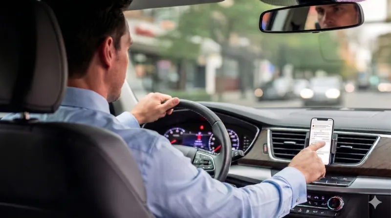 Service engineer completing reports from their car after a site visit