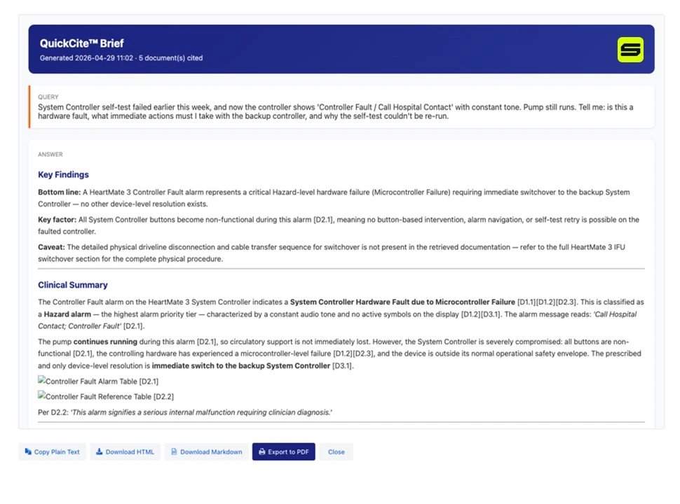 QuickCite Brief showing a governed AI answer with citations and source lineage